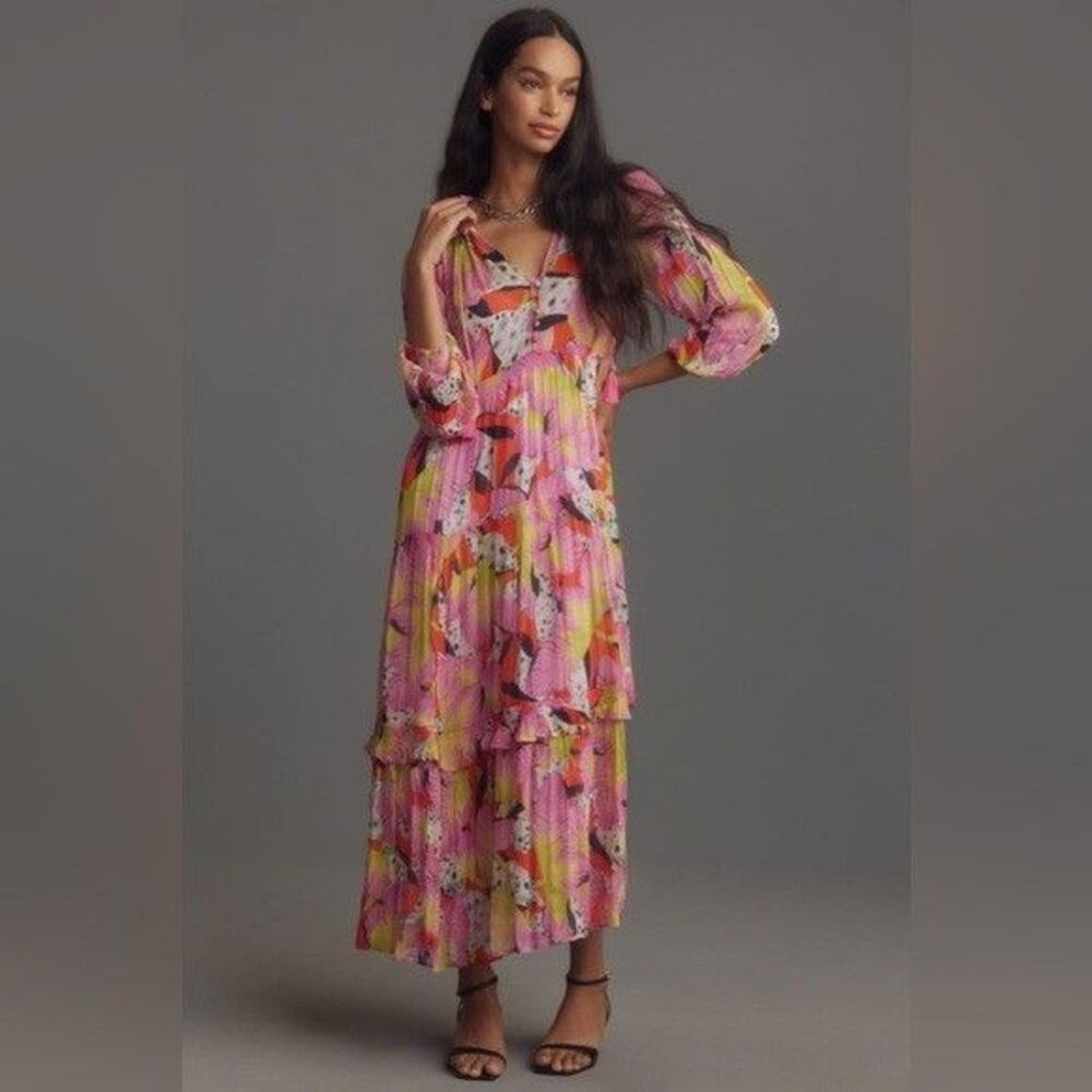 Anthropologie The Marais Chiffon Maxi Dress Abstract Floral No Slip S Small